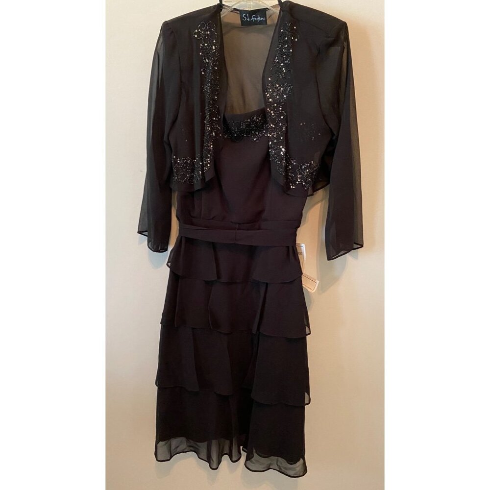 S.L. Fashions 2pc Black Dress Silver Sequin Ruffled Tiers Ruched Waist Size 12